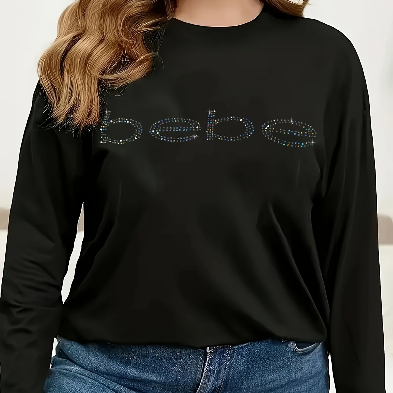 TEMU Plus Size Bebet Sequin T-shirt - Pattern, Crew Neck, Long , Stretchy Polyester Blend For , , For Fall And