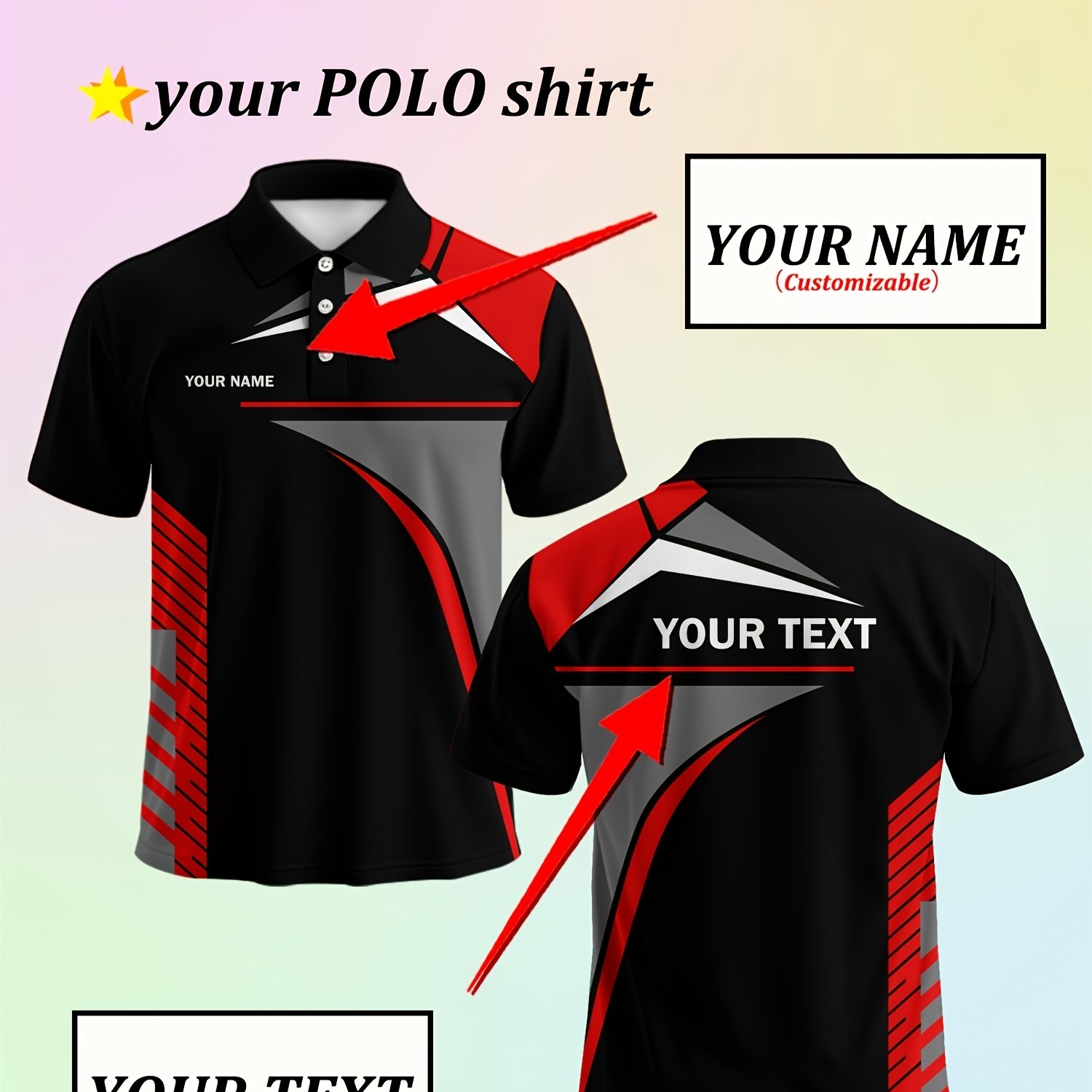 TEMU Customizable Men's Shirt | Black And Red , Personalized Text Customization, , Regular Version, With Buttons And | Suitable For Parties, , Sports