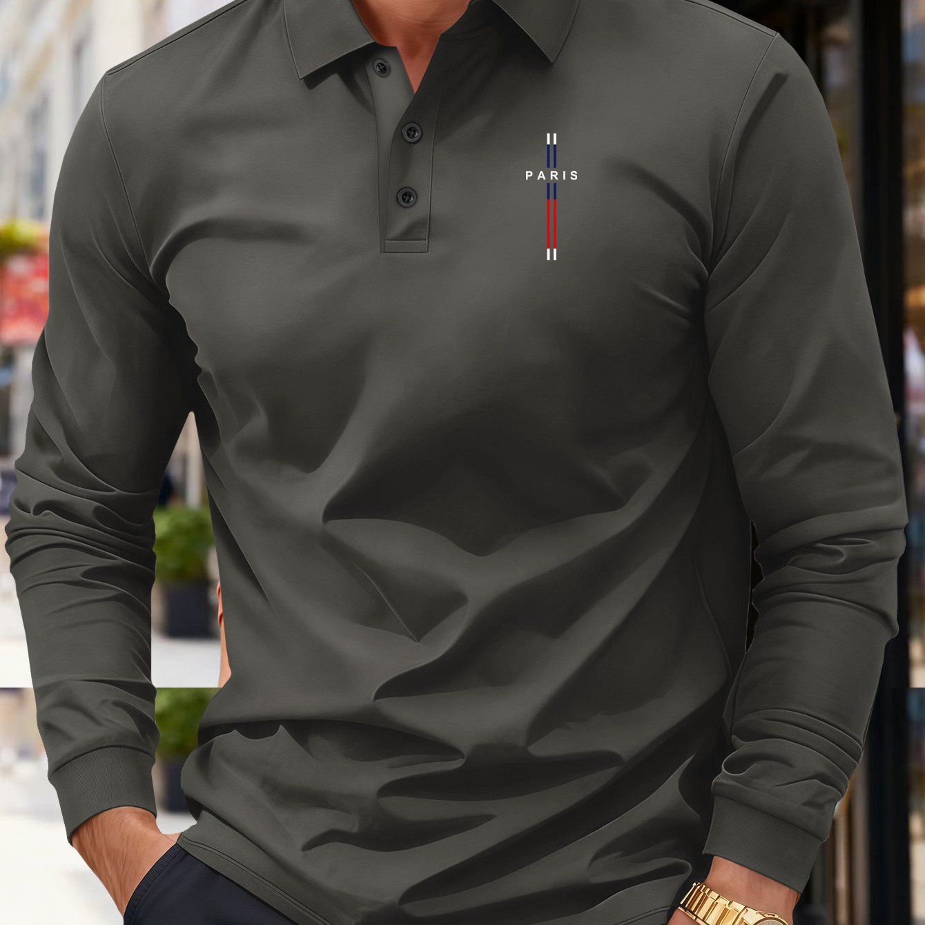 TEMU Classic Solid Color , Plus-size Men's Long-sleeve Lapel Shirt For Big And Tall Men, Featuring A Printed Paris Line Graphic. Suitable For Outdoor