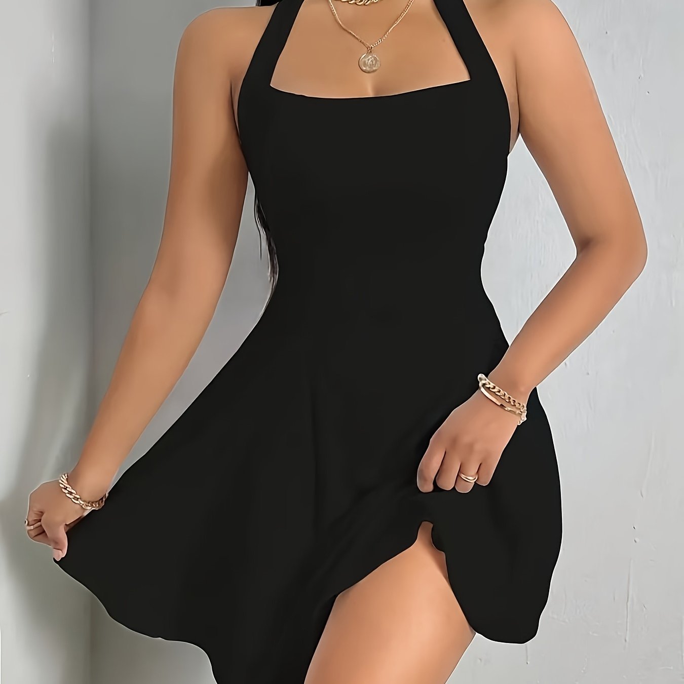 Summer Sexy Women' Color Backless Halter Dress Umbrella Skirt