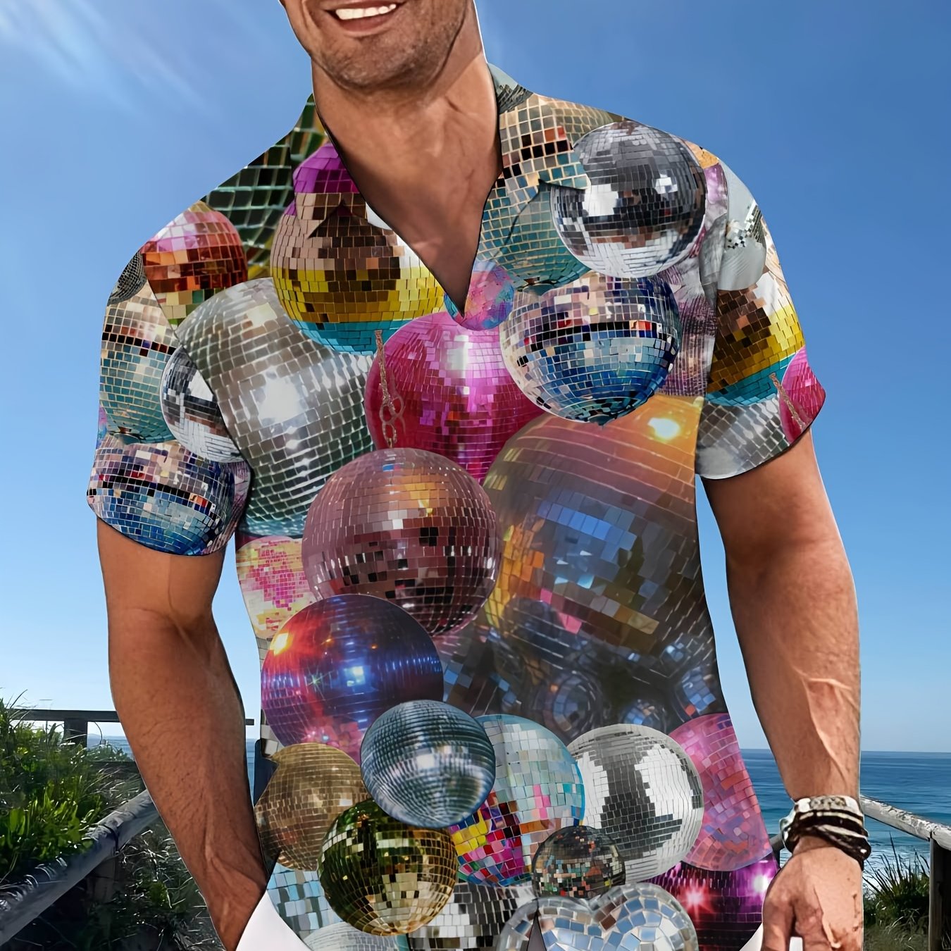 Image of Disco-style Balloon Print Men's Hawaiian Casual Button- Short Sleeve Shirt