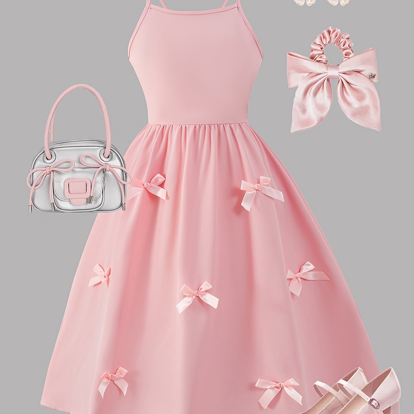 E-shop Mädchen Rosa Trägerloses Kleid mit Schleifen-Dekor, Süßer Sanfter Prinzessinnen-Stil Sommerurlaubskleid