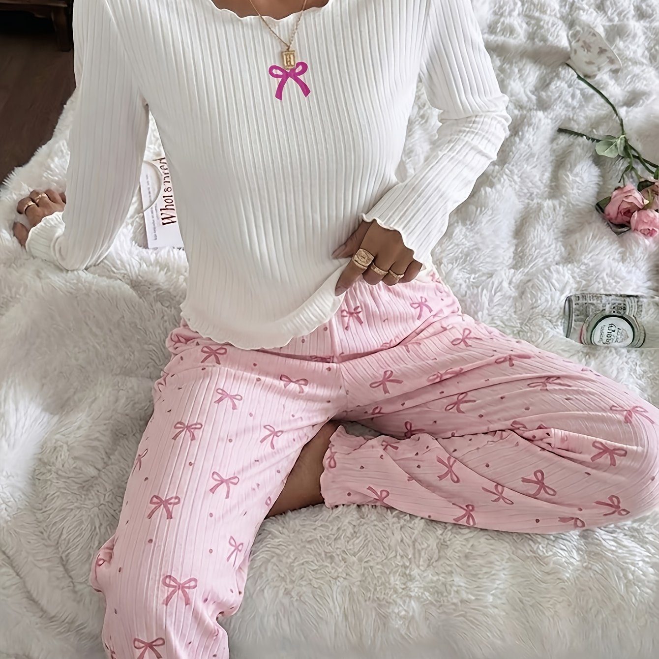 TEMU Damen-Set 2-teilig für Herbst/Winter 2026: Premium-Pyjama aus Rippstoff, mädchenhaftes Oberteil mit Schleife im Instagram-Stil, Rundhals,