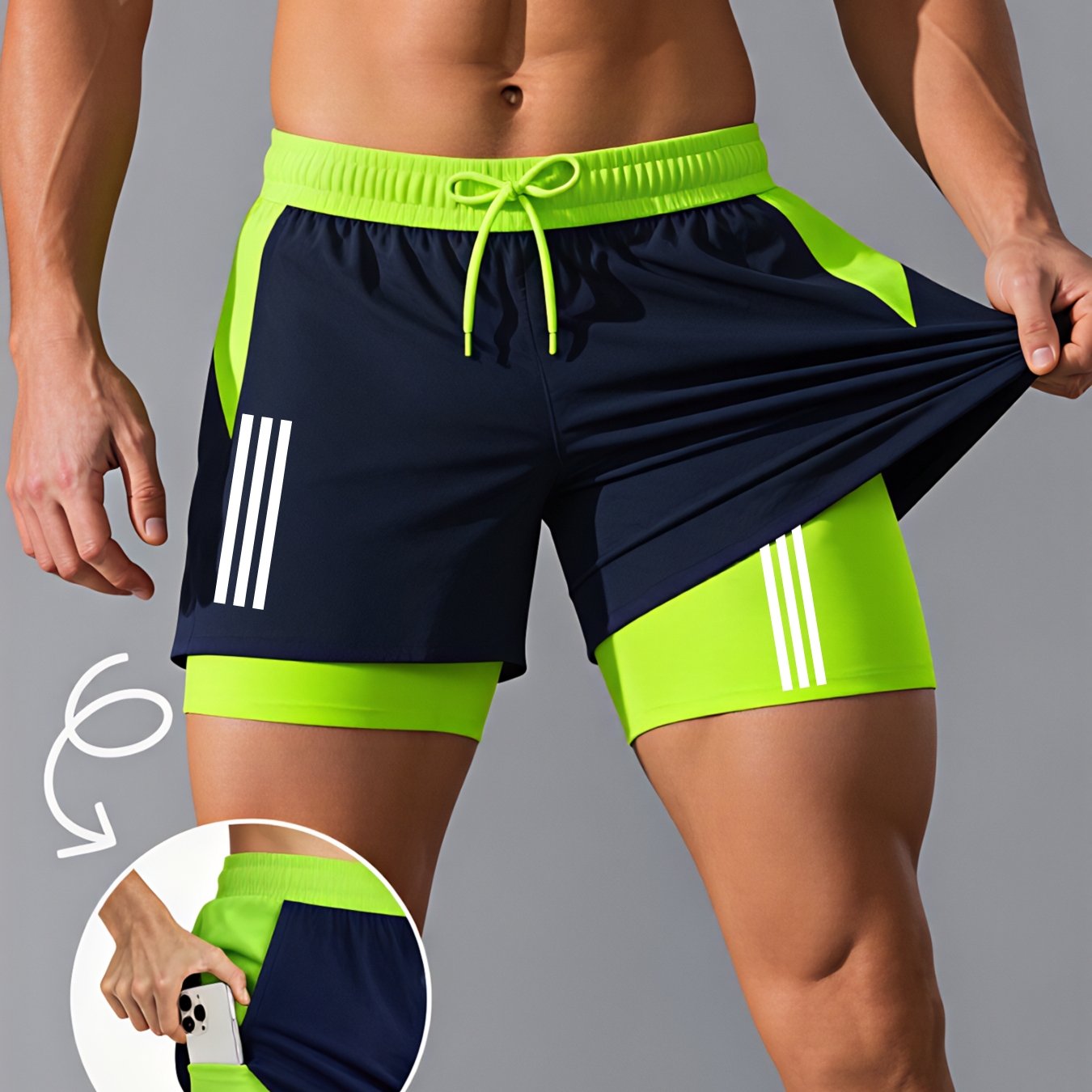 TEMU Sports Double-layer Shorts, Men's Breathable Quick-dry Athletic Shorts - Drawstring Waist With Pockets, Lightweight And Comfortable, Ideal For
