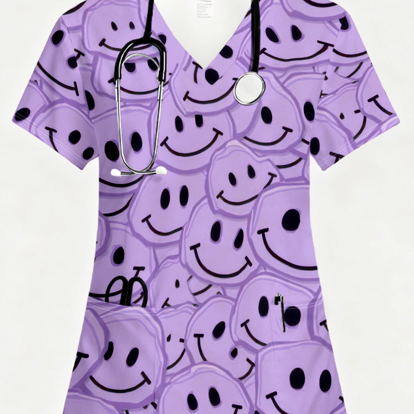 TEMU This Women's Stylish Top Features A V-neck Design With A Collection Of Purple Patterns. It Includes Functional Patch Pockets, Making It Suitable