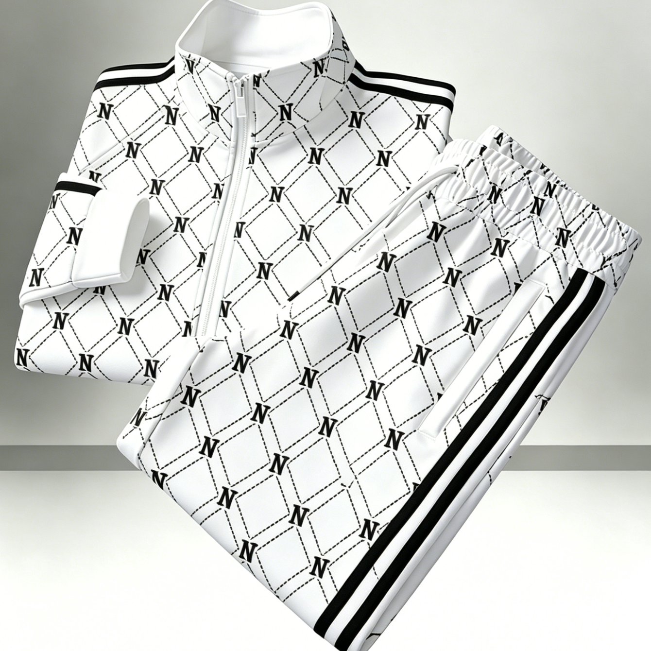 Men's Polyester Stand Collar Zipper Sports Set Easy Printed Side Stripe Loose Casual 2 Piece Suit