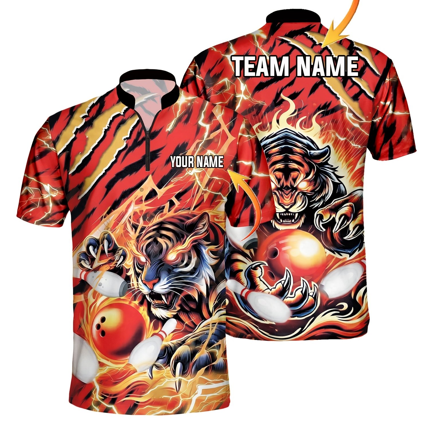 TEMU Custom Name And Team Name Tiger Wrestling Bowling Ball And Pins Summer Men's Fashion Zipper Shirt