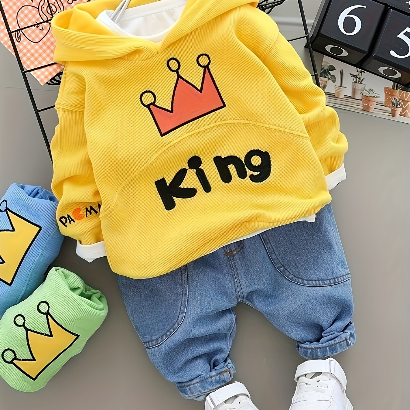 Image of Boys' Autumn New Long-sleeved Suit, Baby Boys' Spring And Autumn Letter Crown Hooded Sweatshirt Jeans Two-piece Set, Children's Fashion Casual Suit, For Outdoor