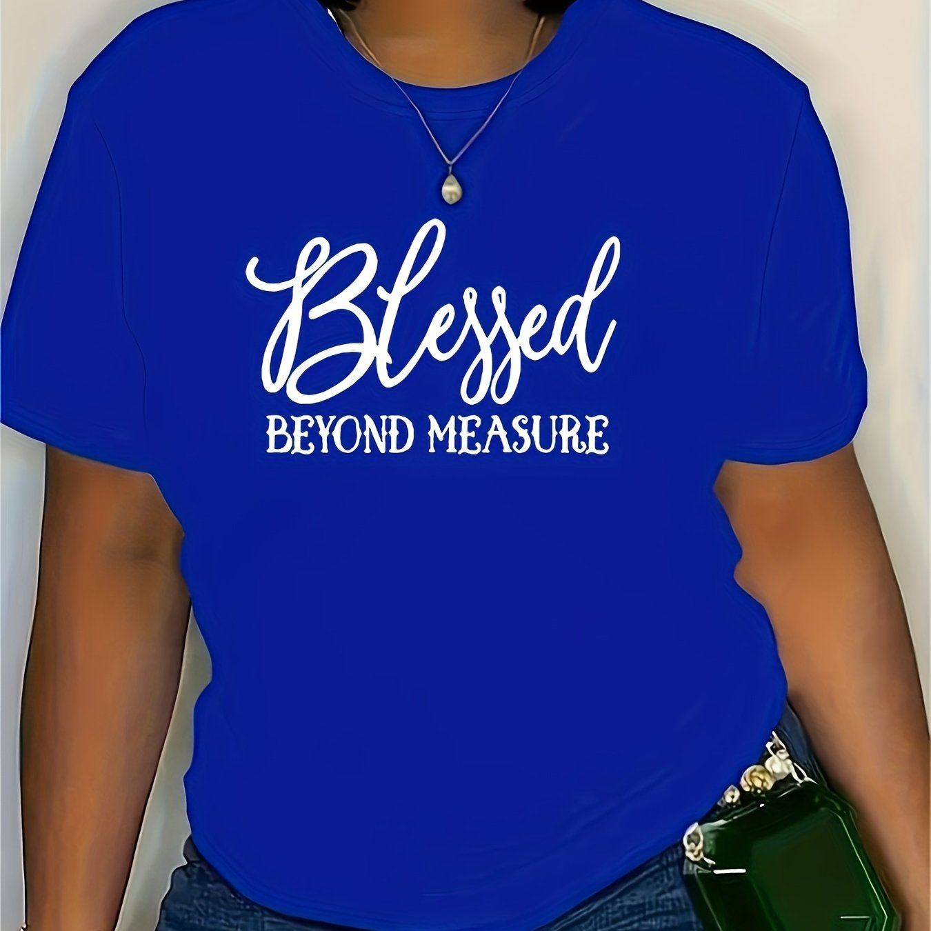 TEMU Plus Size Blessed Print T-shirt, Casual Short Sleeve Crew Neck Top For , Women's Plus Size Clothing