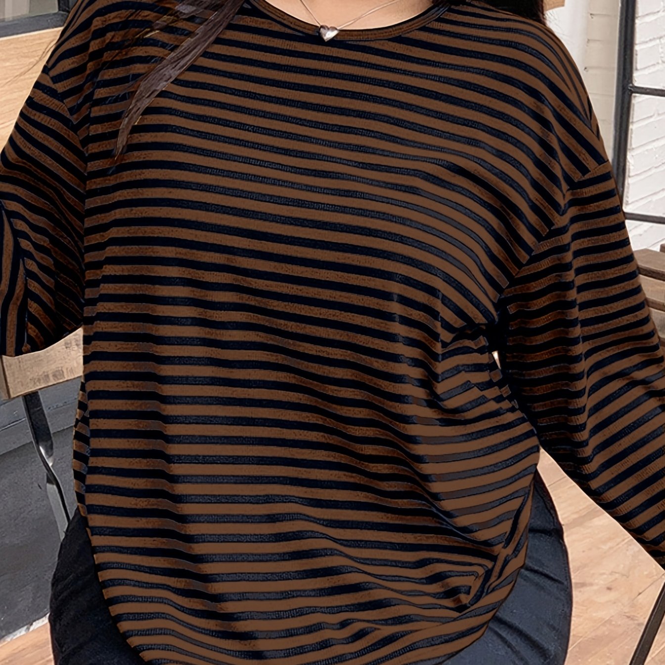 TEMU Plus Size Women's Spring Summer Long Sleeve Striped Casual Loose Versatile Round Neck T-shirt