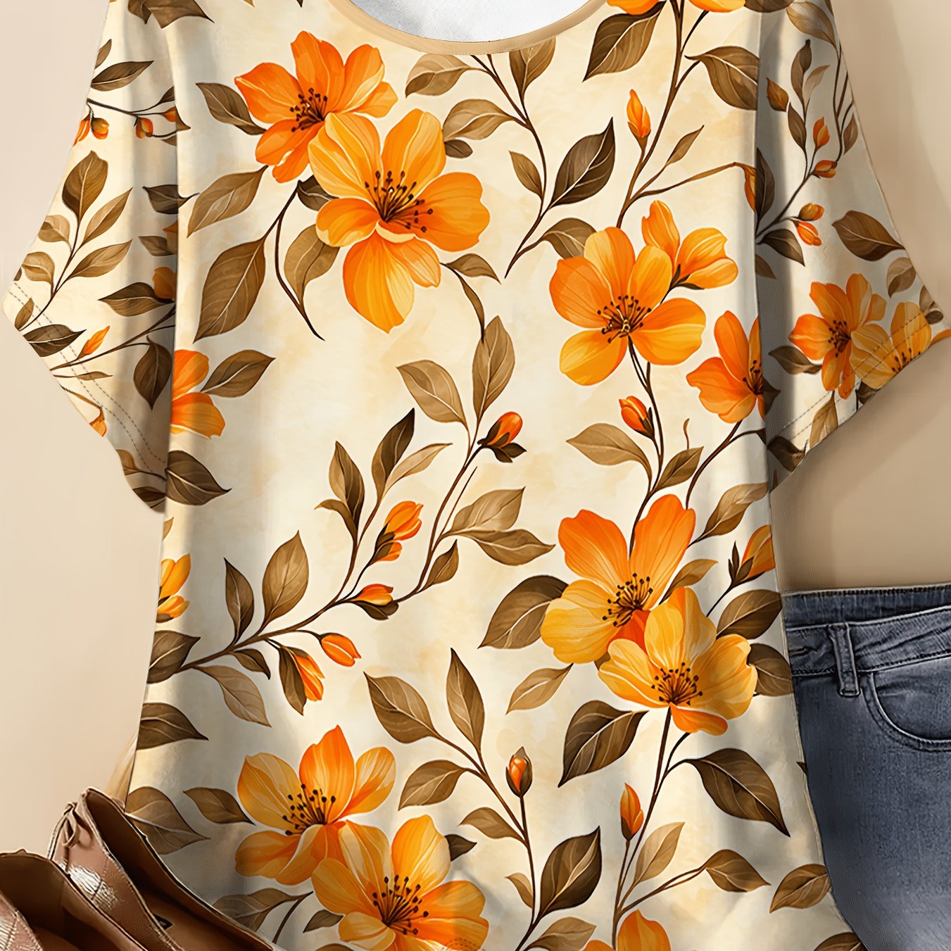 TEMU Warm- Orange Print Short-sleeved T-shirt, Loose-fitting Plus-size Round Neck Top, And Retro Casual Women's Clothing
