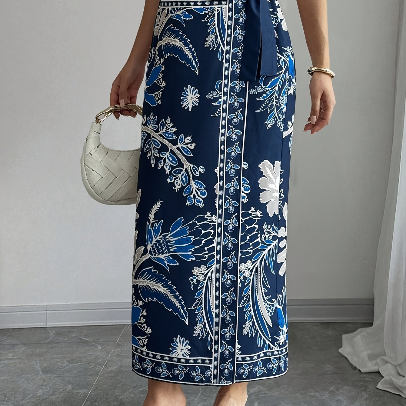 TEMU Women's Elegant Floral Print Wrap Tie Straight Skirt