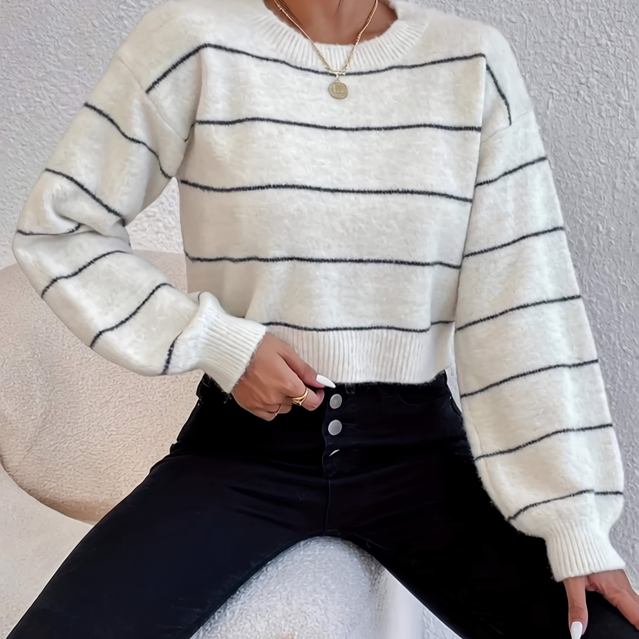 Image of Spring/autumn New Hot-selling Casual Fashion Loose Versatile Elegant Lazy Style Long Sleeve Striped Contrast High-waist Round Neck Women's Pullover Top