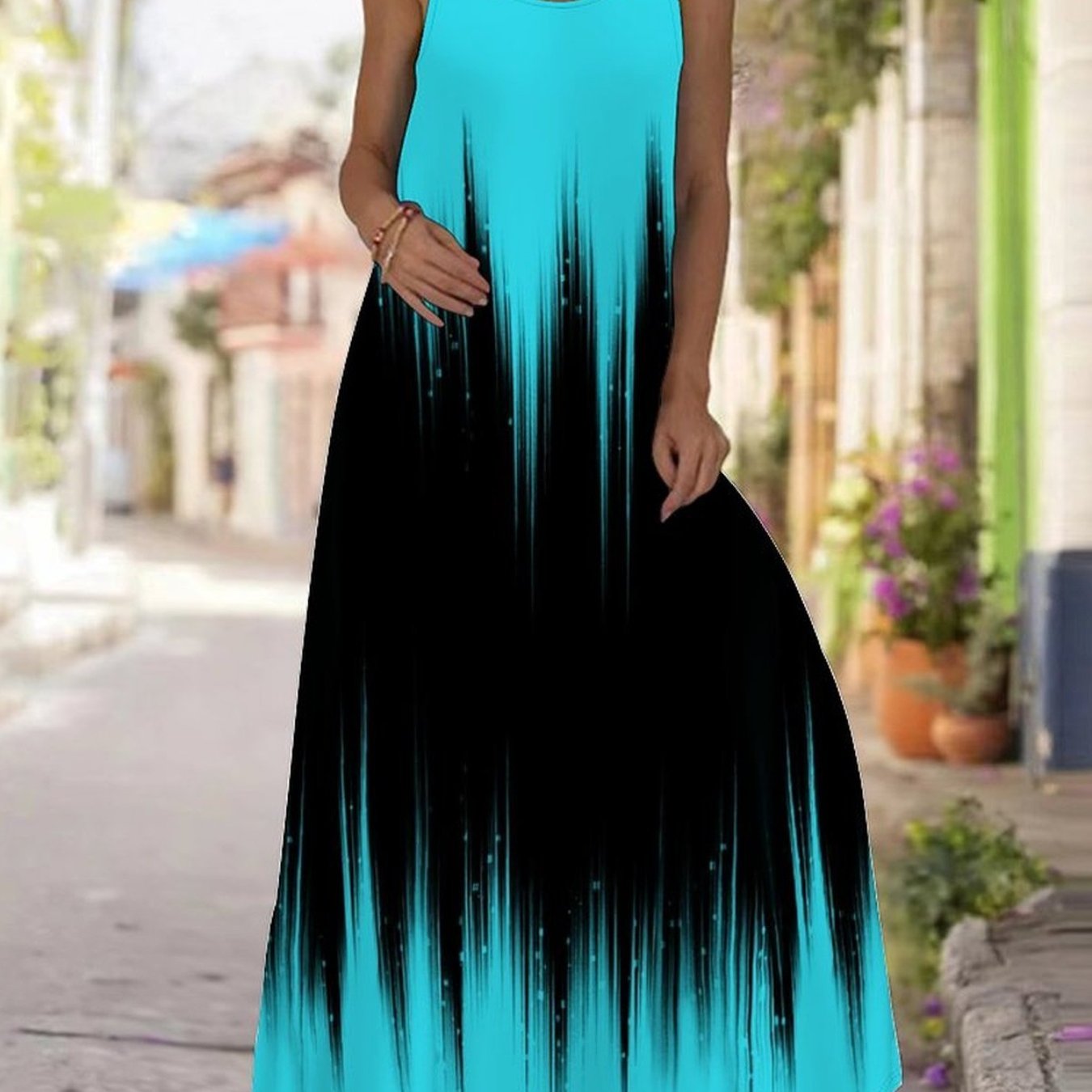 Plus Size, Women's Plus Size Spaghetti Strap Round Neck Dress, Boho Print, Ideal For Daily, Date & Party Wear