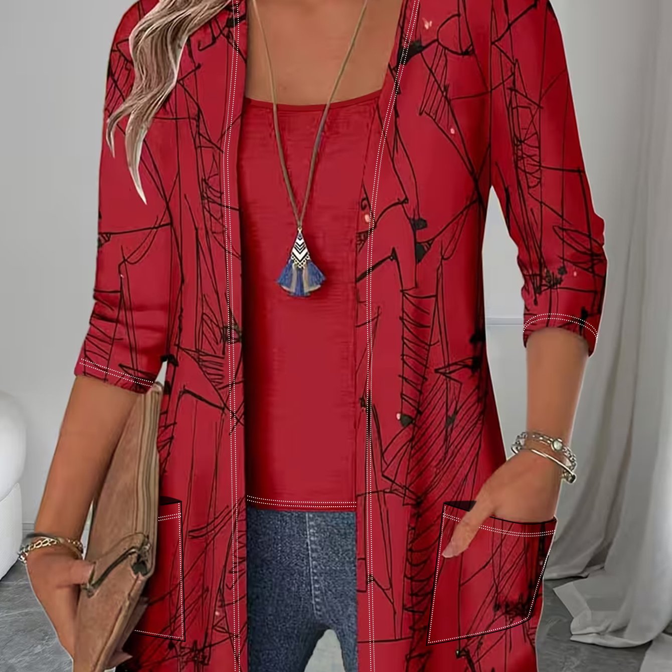 TEMU 2-delige set, nieuwe lente/herfst damesset: dames cardigan en tanktop; rode dames cardigan met abstracte lijnprint, driekwart mouwen en zakken,