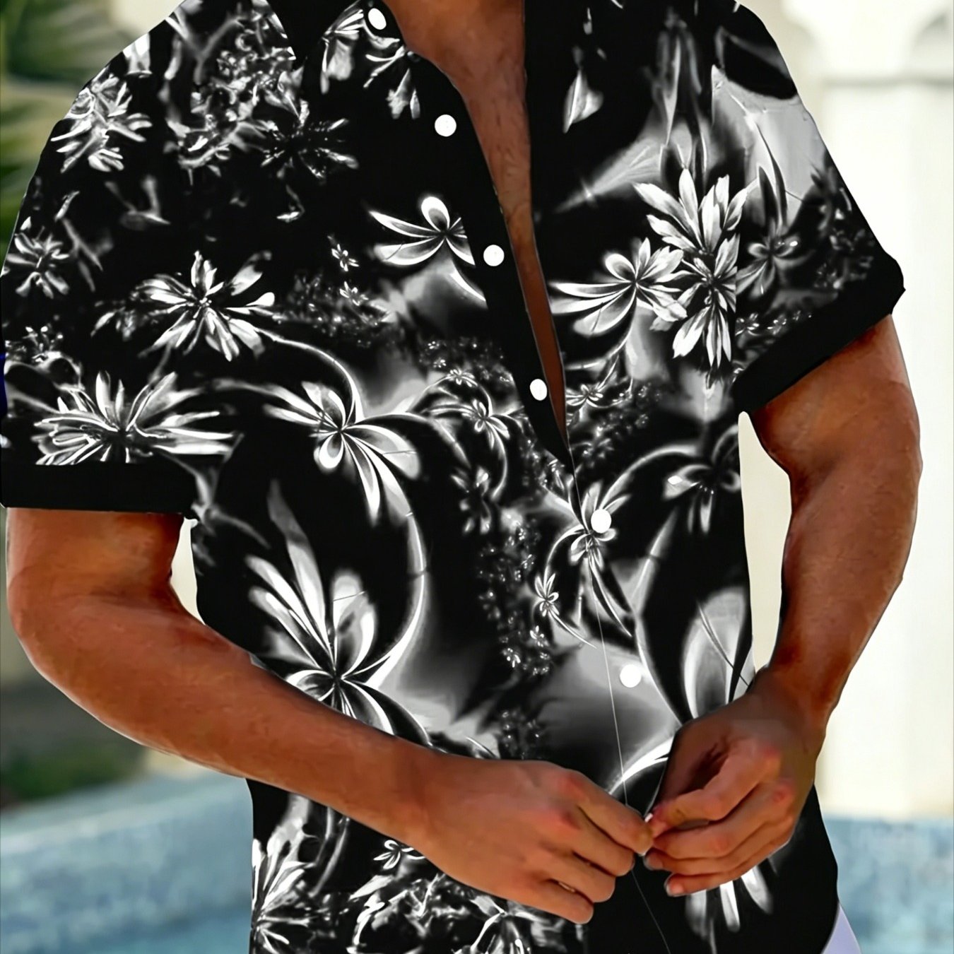 TEMU [print Design â Not Textured] Hawaiian Gradient Artistic Floral Print, Men's Button-up Short Sleeve Collar Shirt Best Gift