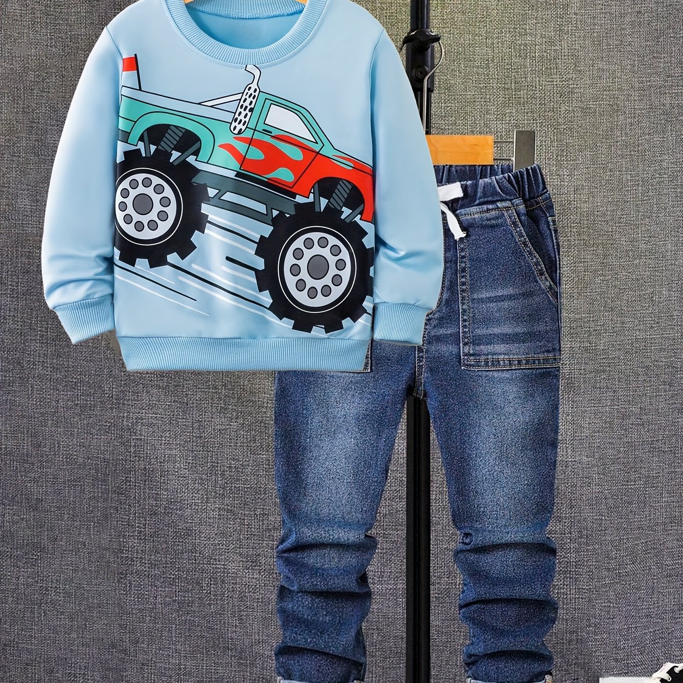 Boys Autumn Suit, Cartoon Off-road Vehicle Printed Long-sleeved Round Neck Sweatshirt + Jeans Two-piece Set, Casual And Versatile Sports Style, Perfect For Outdoor