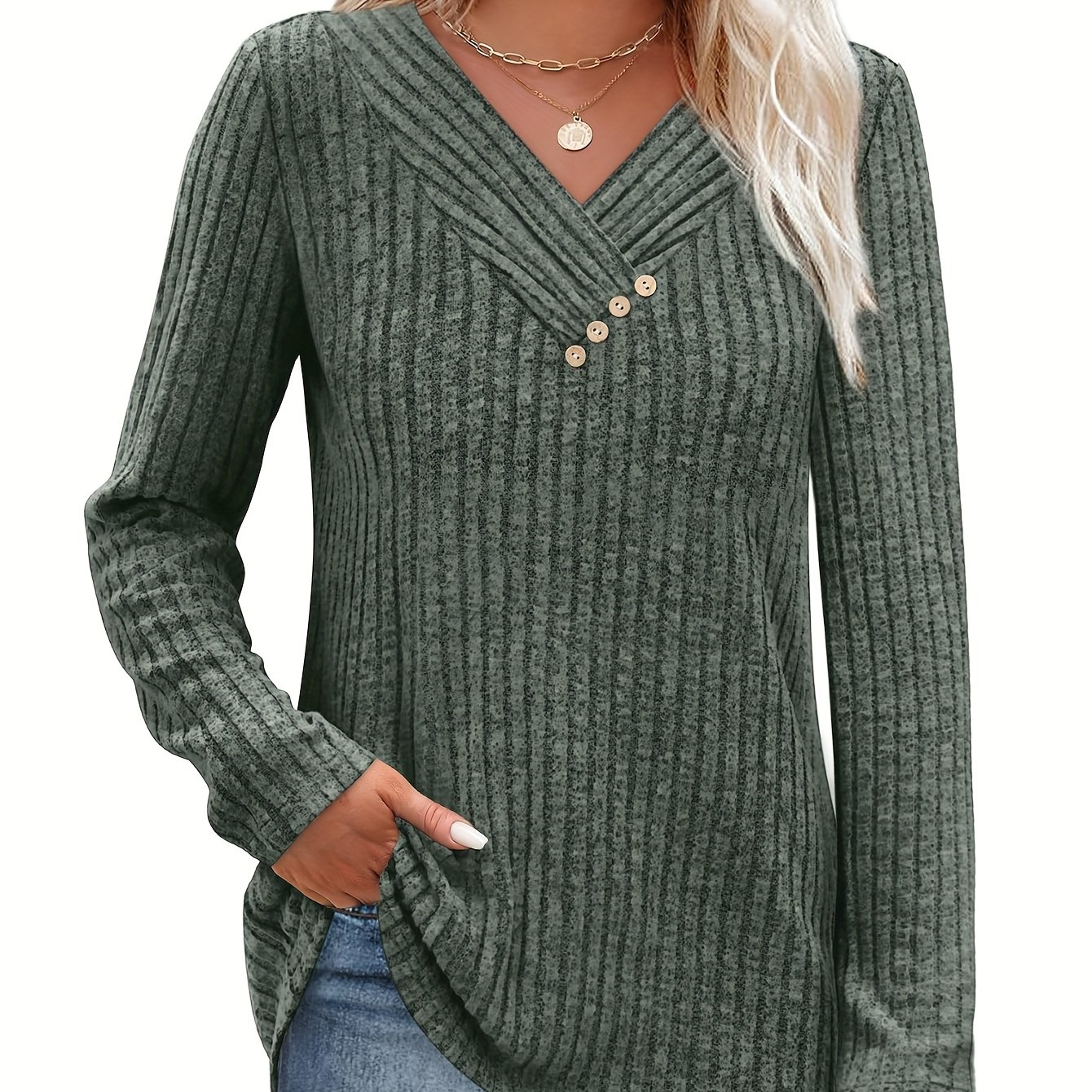 TEMU Women's Casual Sweater Long Sleeve Shirt V-neck Button-up Top Autumn Button-up Pullover