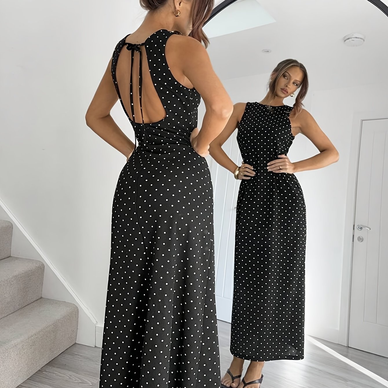 Women's Polka Dot Print Backless Sleeveless Dress