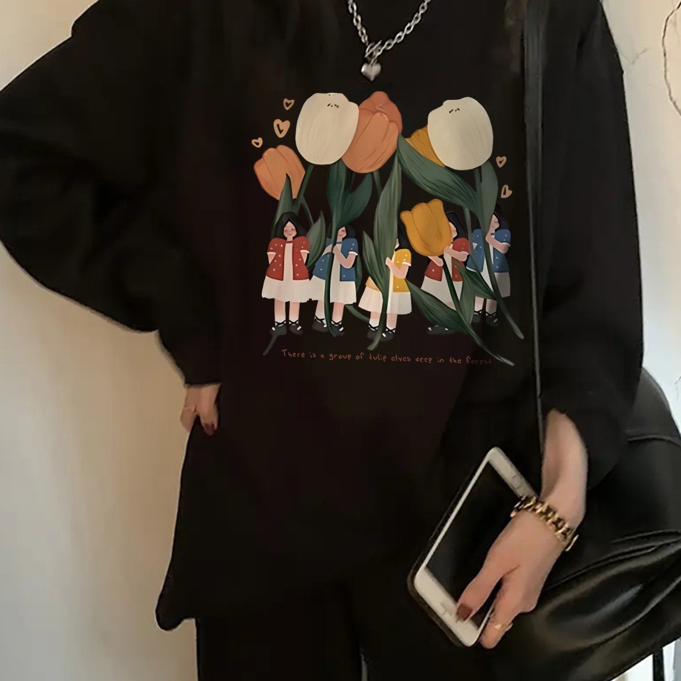 TEMU Women's Vintage Loose Fit Long Sleeve T-shirt - Non-stretch Crew Neck -compatible Top With Minimalist Floral Print Suitable For Spring/summer