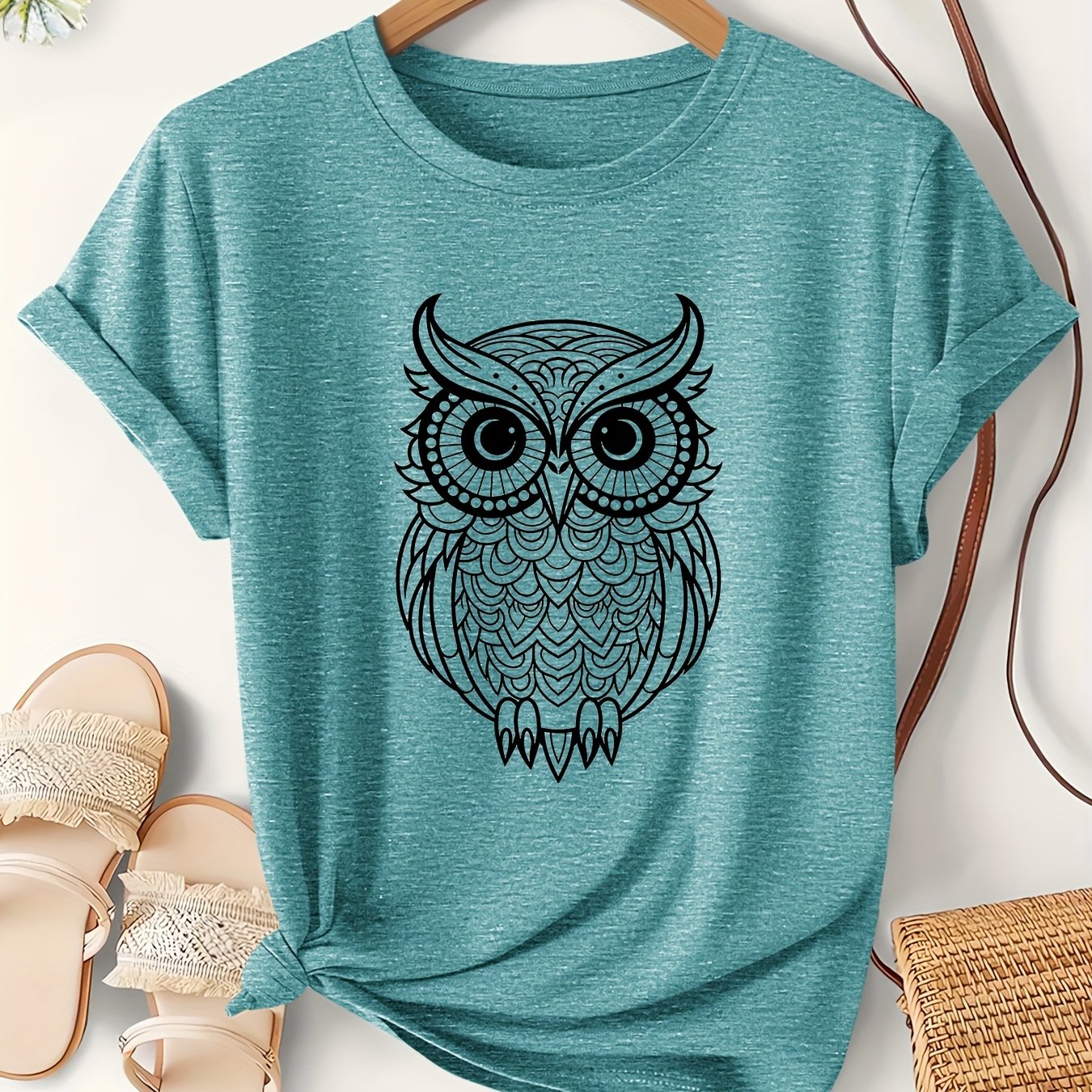 TEMU Women's Art Owl Print Short Sleeve T-shirt, 2025 Autumn Fashion Trend Vintage Round Neck Cute Tee, -piece Elegant Party Basic Women's Wear, Easy