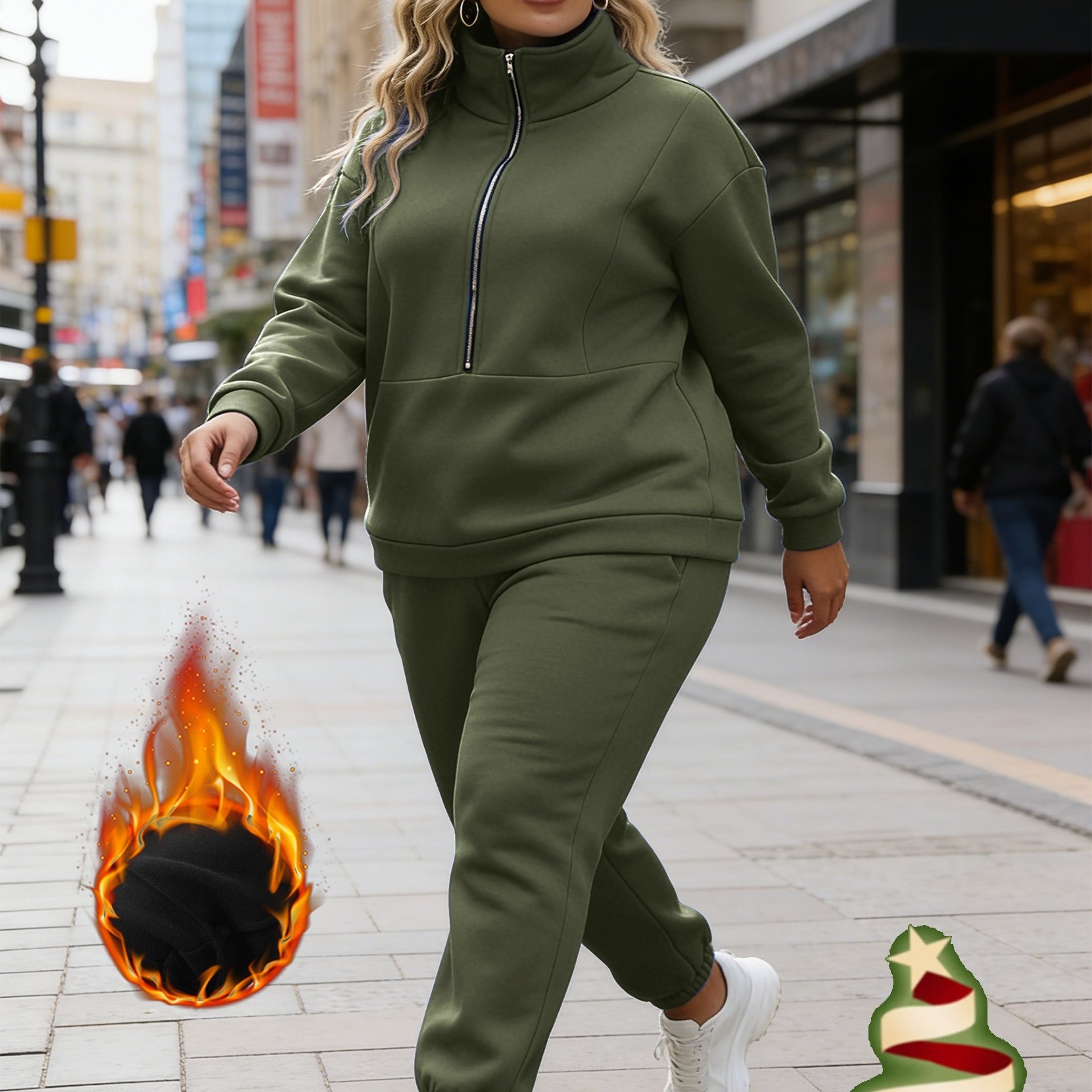TEMU Plus Size, New Year Autumn-winter 2pcs Set - Women's Large-sized Set, Fashionable Fleece For , Zipper Hoodie + Casual Pocket Pants, New Year