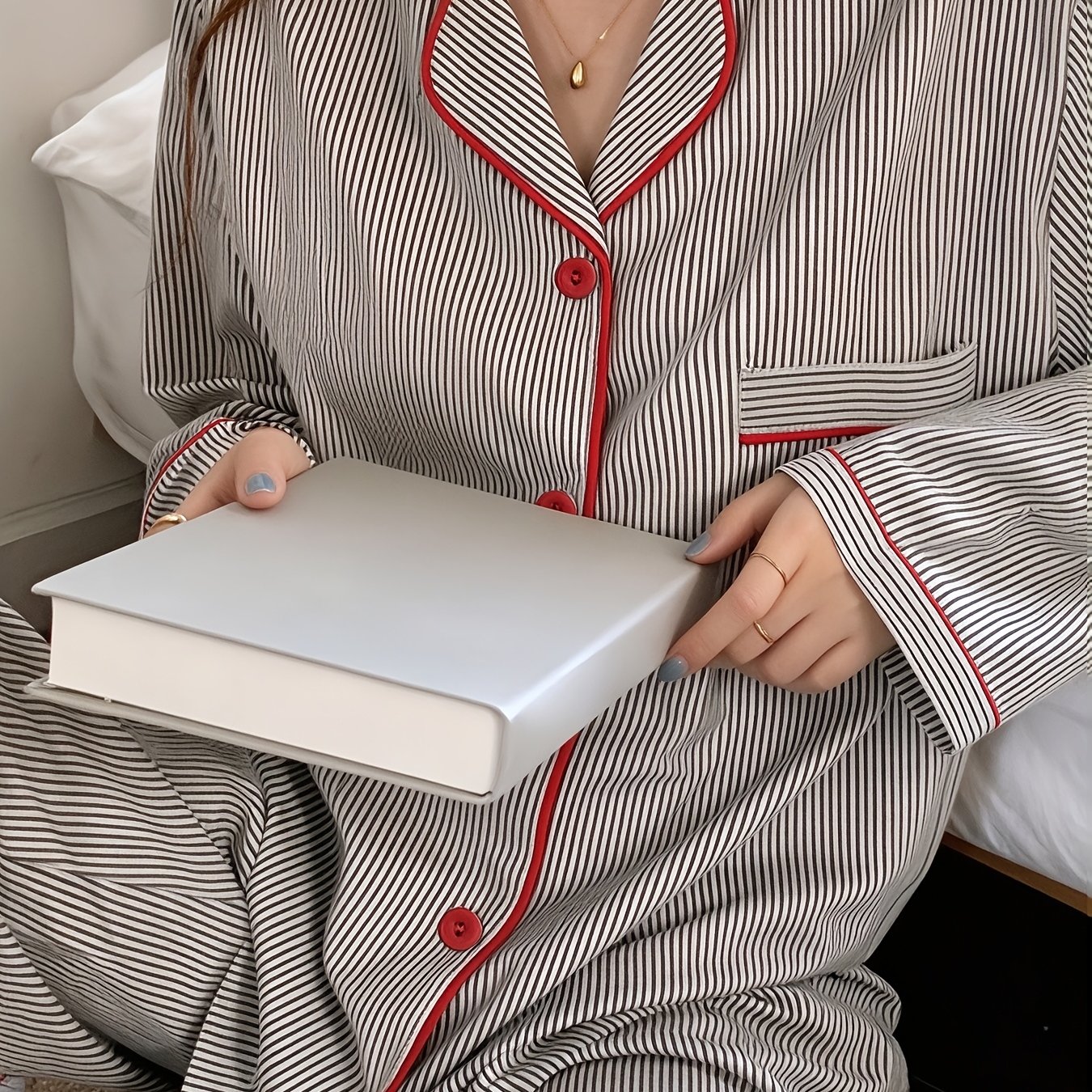 TEMU Completo da donna a righe, cardigan a maniche lunghe, vestito da casa, stile girl