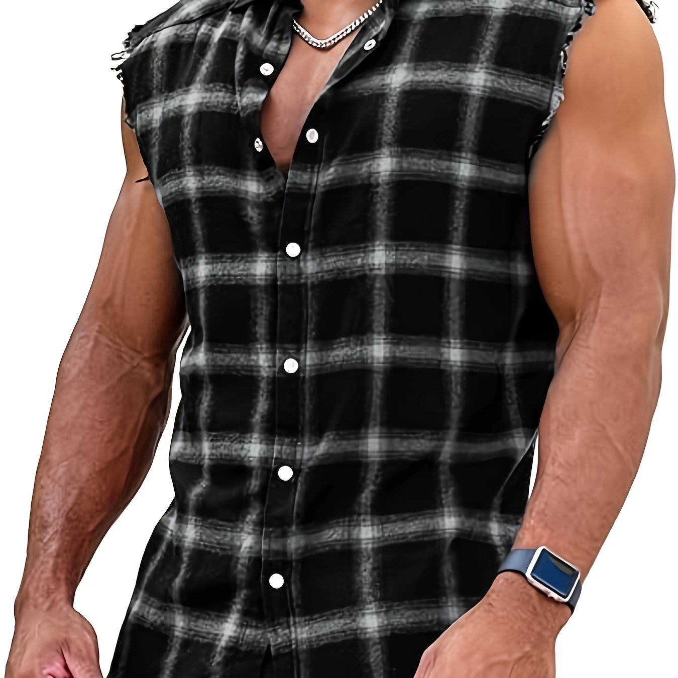 TEMU Men's Casual Flannel Sleeveless Shirt, Hem With Tassel Detail, Classic Single-breasted Four-button Vest Shirt, Suitable For Vacation Wear