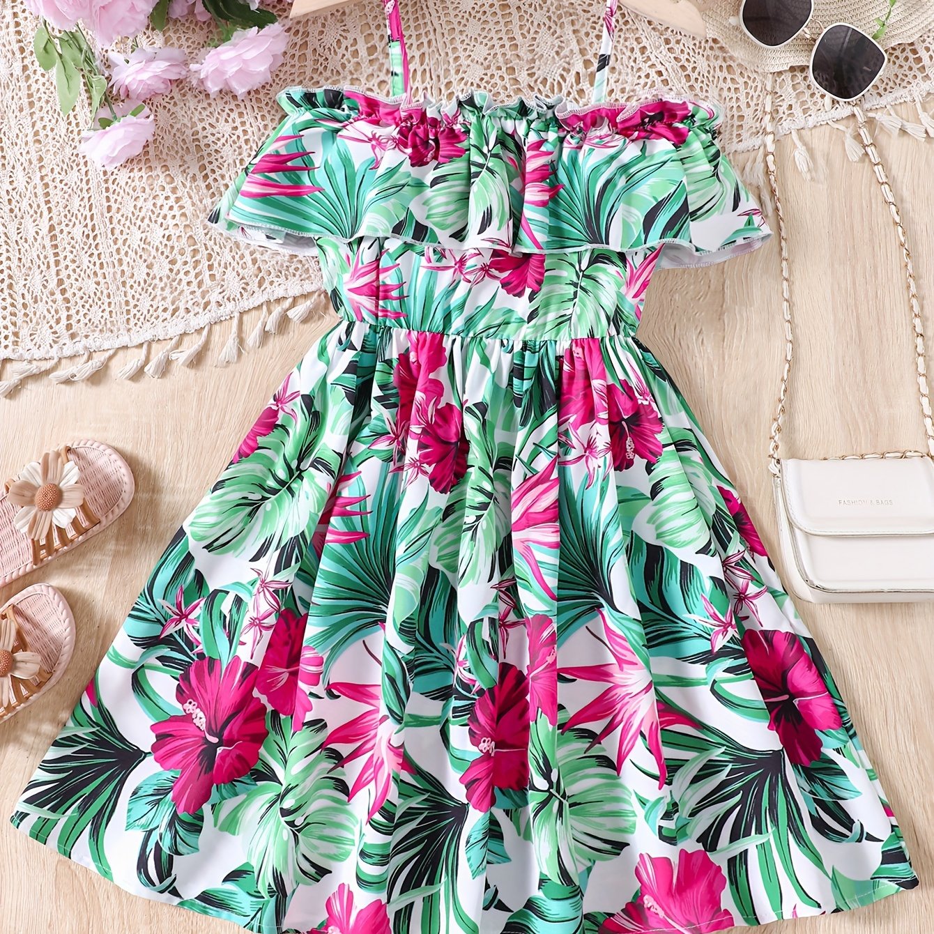 Image of New Summer Dress For Girls With A Tropical Floral Print, Featuring A Off-shoulder Design, Perfect For A Casual Vacation
