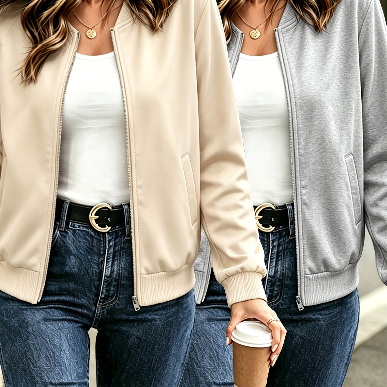 TEMU Women's 2pcs Solid Color Baseball Jacket Set, Combination, Basic Zip-up Cardigan, Winter Loose Commuter Casual Easy Versatile Jacket Top