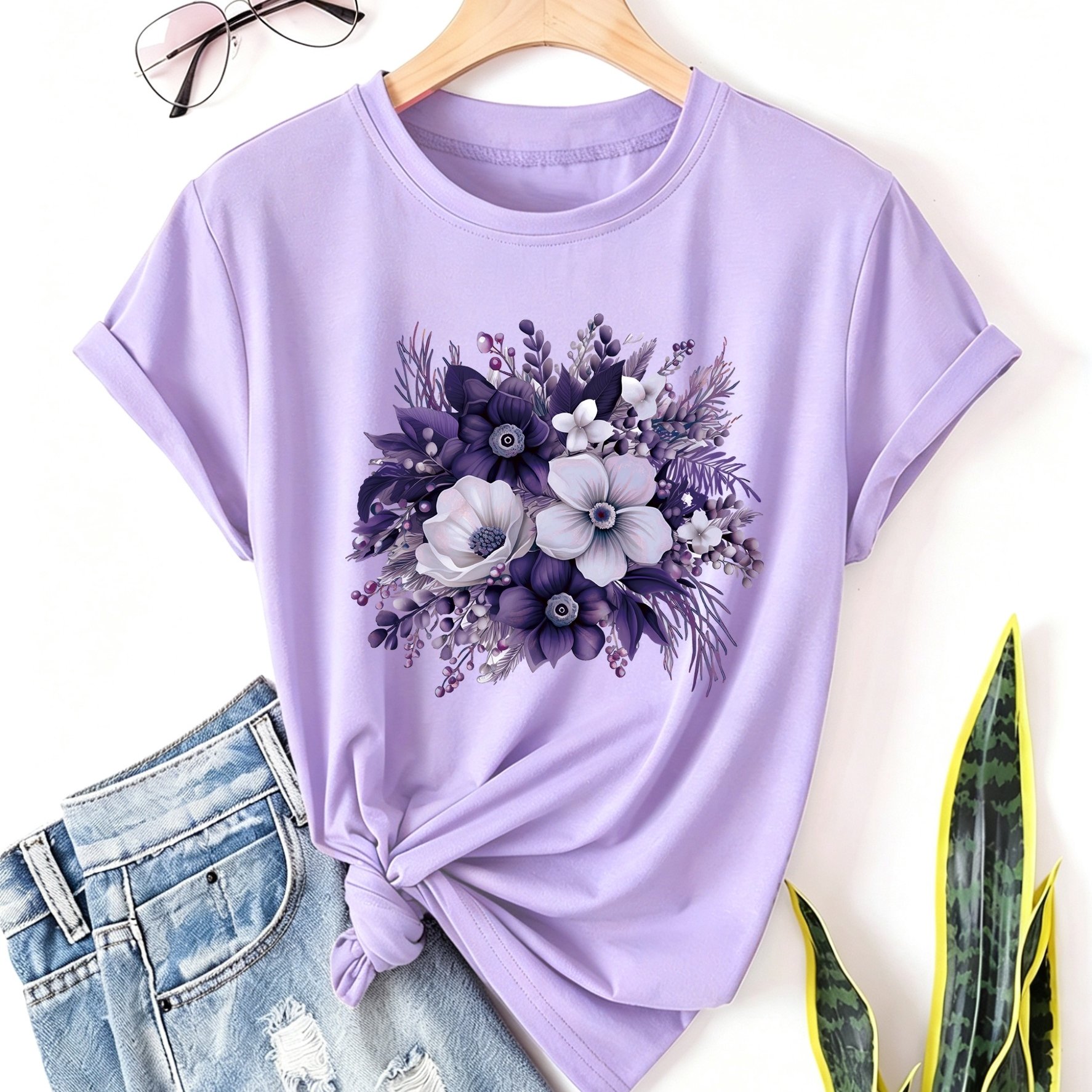 TEMU Floral Print T-shirt - Comfortable Spring/summer Fashion Crewneck Shirt With Light Short Sleeves - A Fashion Casual Must-have
