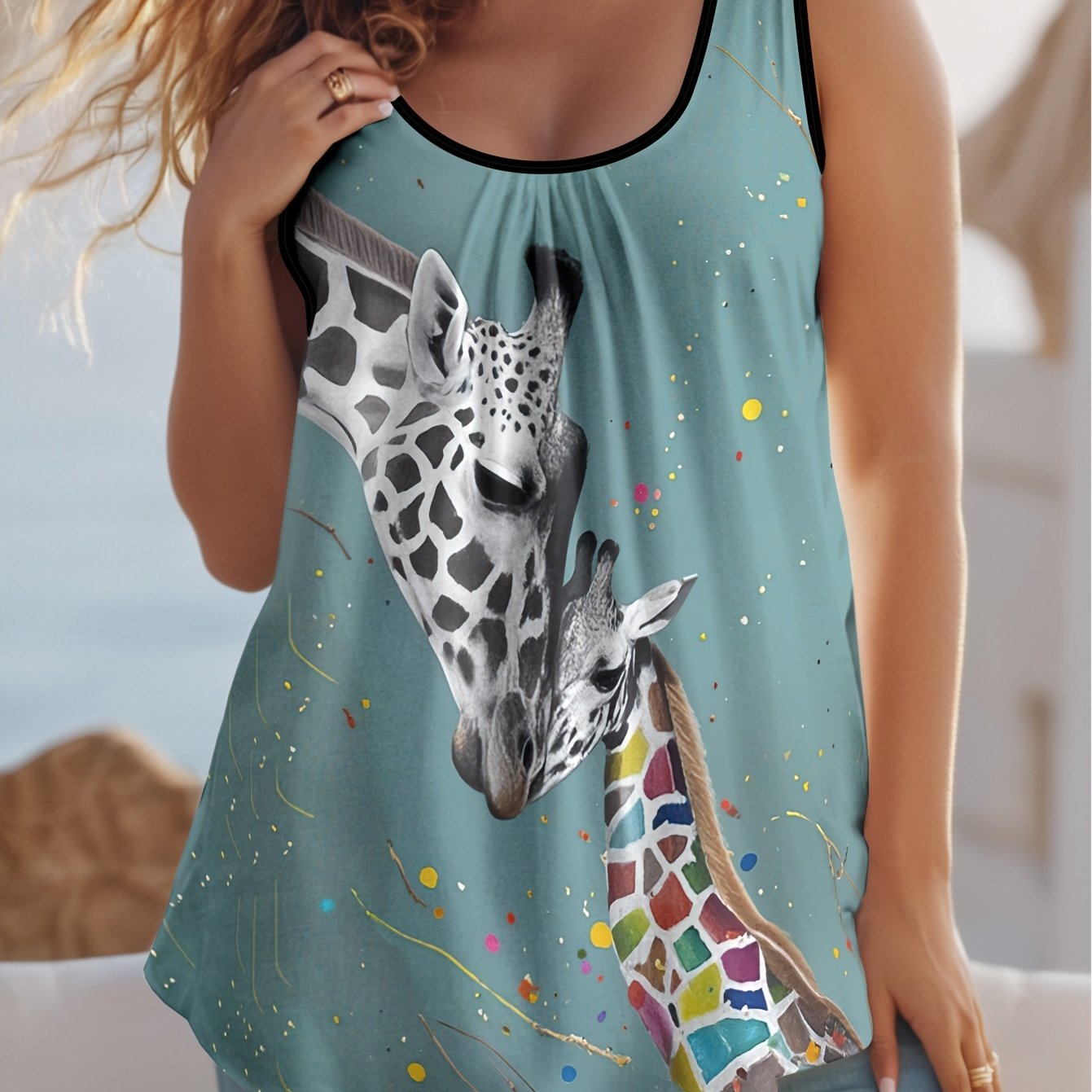 TEMU Plus Size - Plus Size - Women's Plus-size Pleated Tank Top, Versatile And Casual Summer Style With 3d Printed Patterns