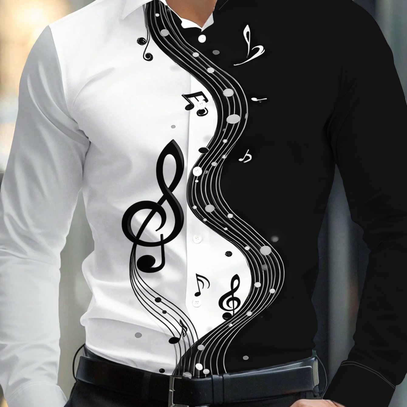 TEMU Men's Casual Long-sleeve Shirt For Daily , Featuring Musical Notes And Treble Clefs Dancing In Against A Black And White Background, Like A