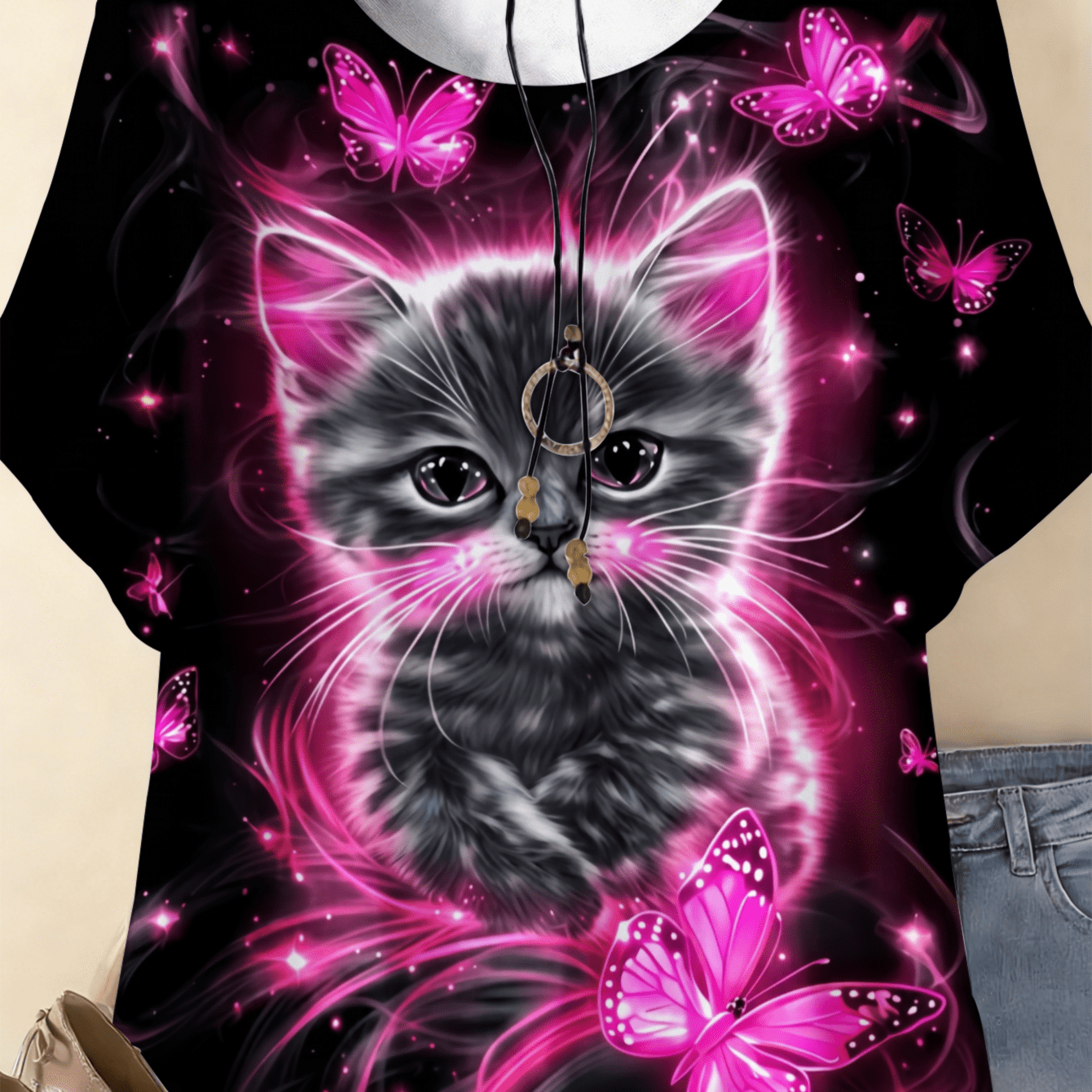 Image of Plus Size, 0-9xl Plus Size Glowing Pink Kitten Print Women's Summer T-shirt Unique Print Comfortable Fabrics Fashion Apparel