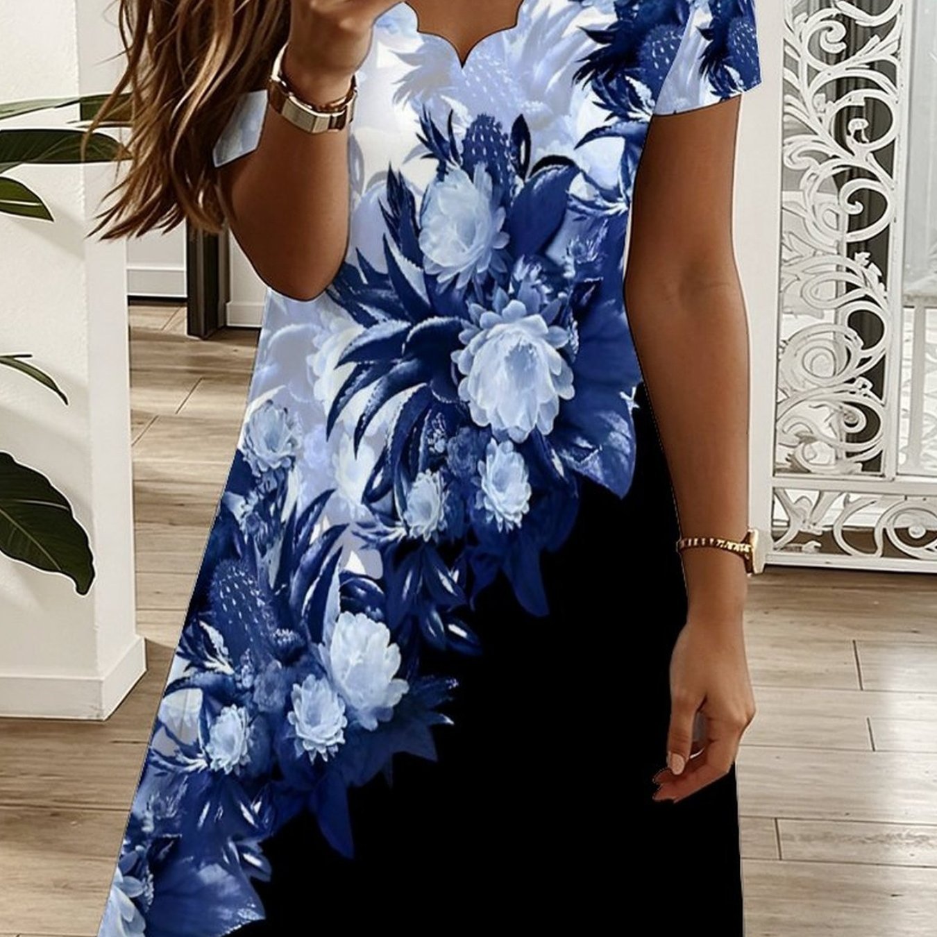 Plus Size, Summer -neck Short Sleeve Dress, All Over Geometric , Elegant Women Dress For Vacation Casual Party