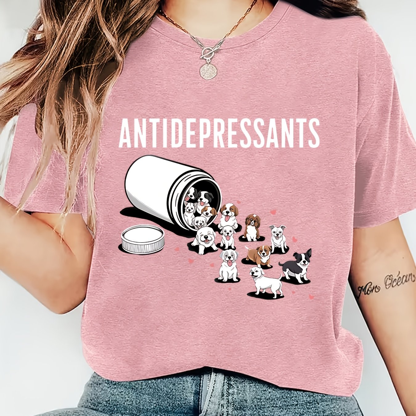 TEMU Elegant Short-sleeve T-shirt For Women With Cute Puppy And 'antidepressant' Letter Print, A Fashionable, Comfortable, Soft, Breathable New Style