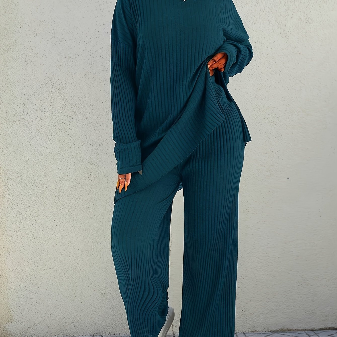 TEMU Plus Size, 2025 Ribbed Fabric Two-piece Slit Set