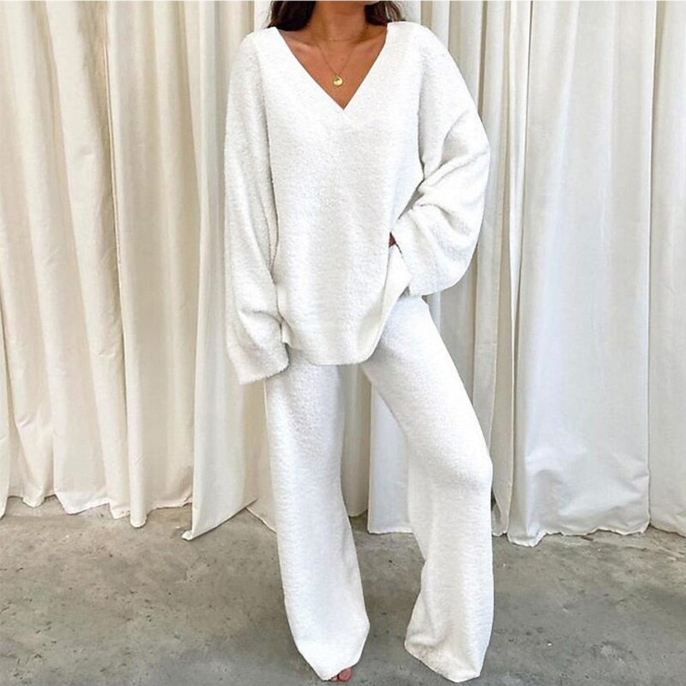 Ladies' Relaxation Outfit, Two-part Ensemble, V-neck Design, Single Hue, Cozy, Warm, Everyday, Attire