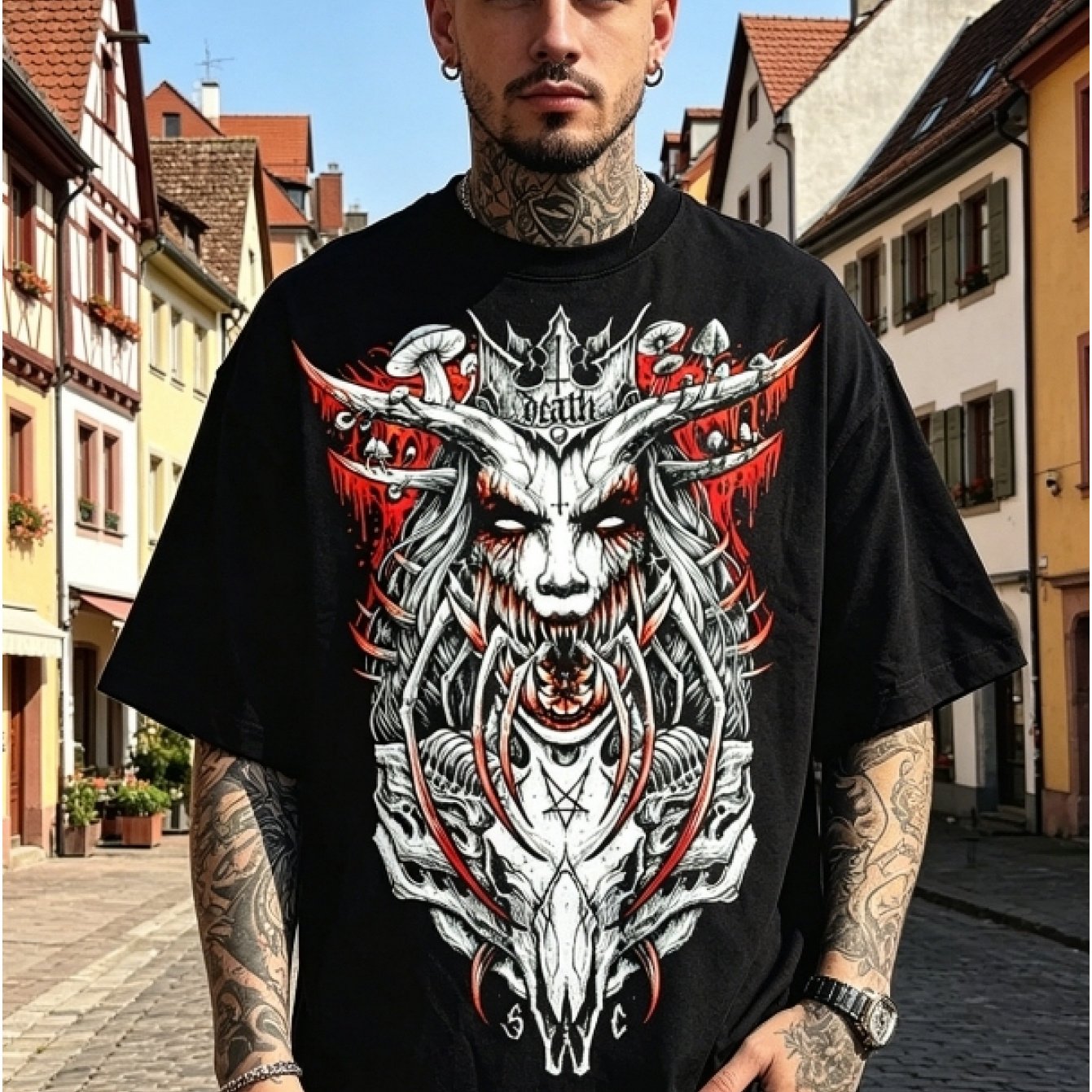 TEMU [print Design-not Textured] 2026 New Premium Dark Demon Death Print Short Sleeve, Individual Plus Size Men's Loose Top, Suitable For Home And