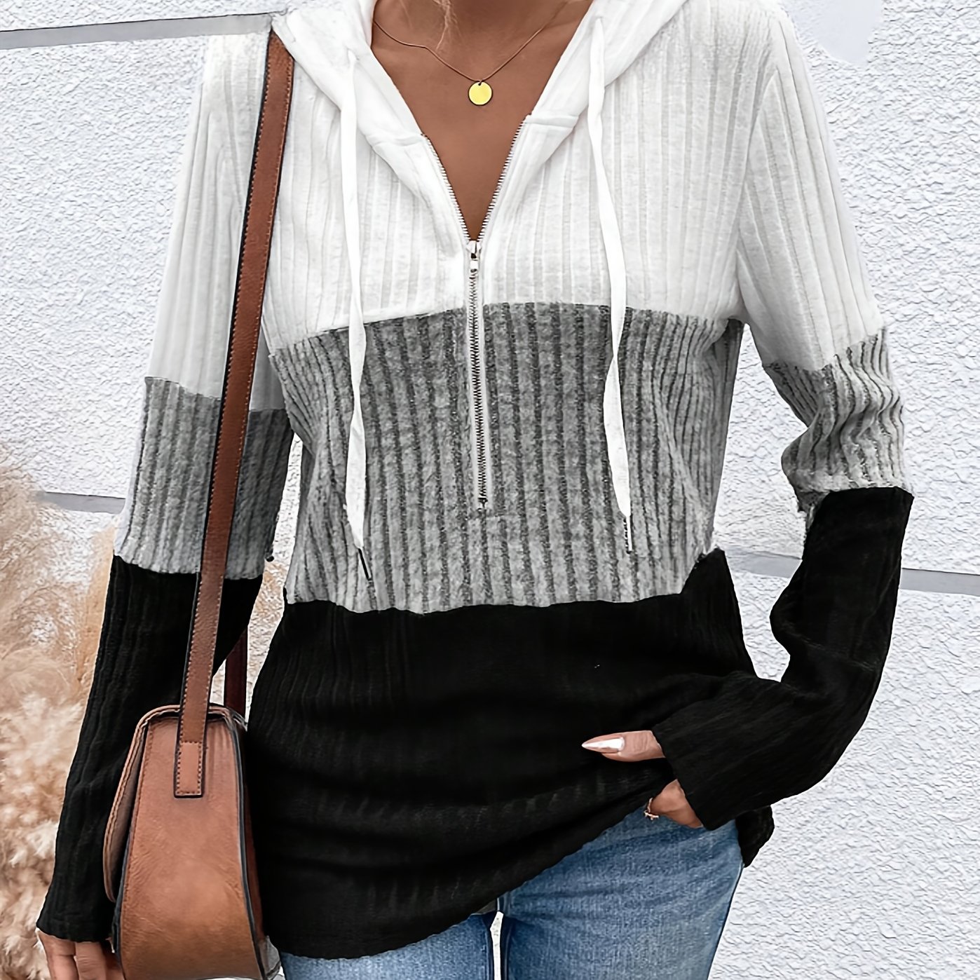 Women's Fashion Hoodie With Directional Rib Stripes, Drawstring, And Zipper