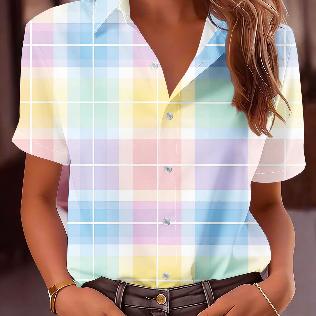TEMU Women's Fashion Button-up Shirt, Colorful Grid Pattern Printed Casual Short-sleeve Shirt
