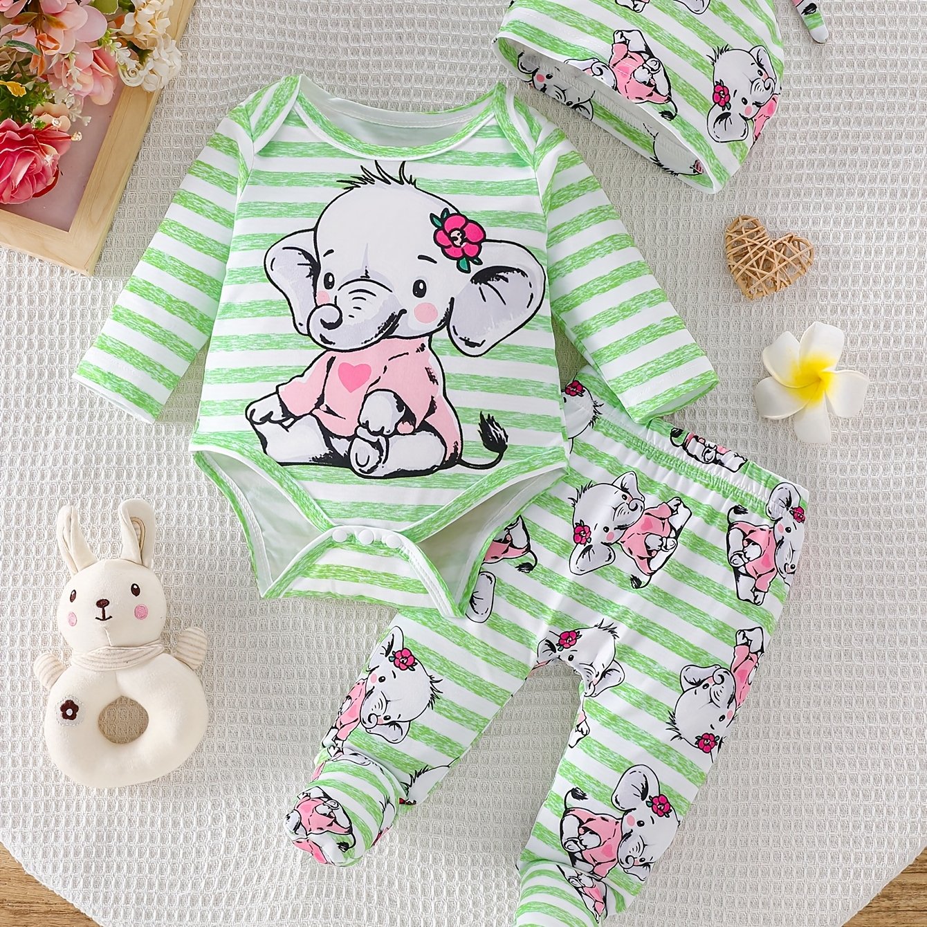 E-shop Kinder-Body mit süßem Elefantenprint + Hose und Hut – Krabbeloutfit für Frühling/Herbst, Spielkleidung für Babys & Kleinkinder, für draußen