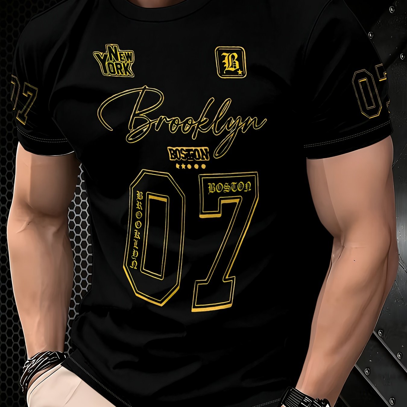 TEMU T-shirt Brooklyn No. 07, chiaro oro stampato, completo due pezzi a maniche corte da trendy