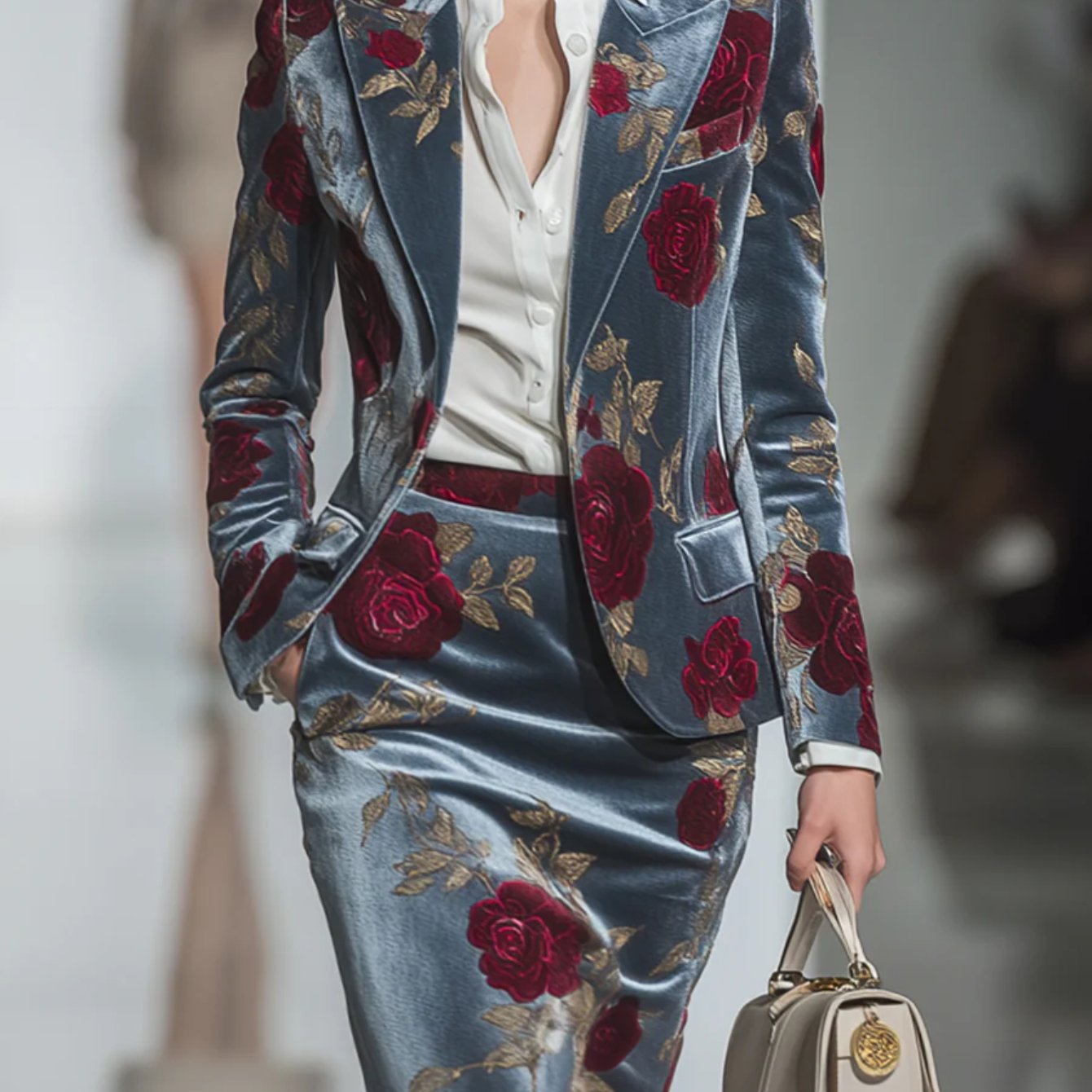 TEMU [print Design &ndash; No Texture] 2pcs Rose Flower Suit + Hip-wrapped Skirt Set For Women | Vintage Elegant Style, Suitable For Evening Parties And Formal Occasions