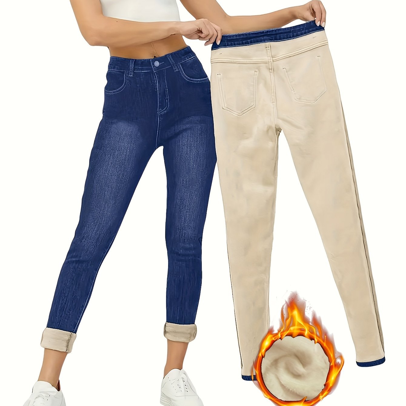 TEMU Women's High-stretch -lined Skinny Jeans - Vintage Style, Warm & Comfortable Denim With Pockets, Dark Blue, Straight , Perfect For Winter Streetwear