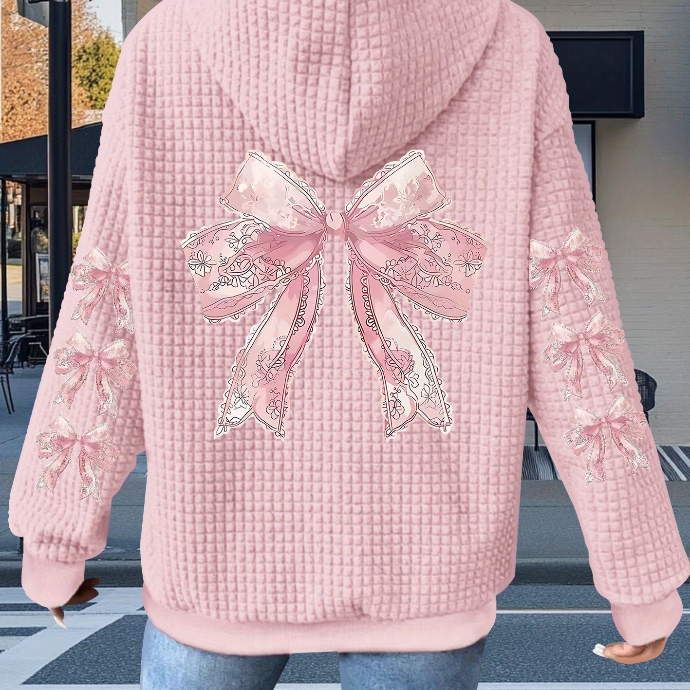 TEMU Lace Bow Print, Women's Casual Waffle Zip-up Hooded Sweatshirt With Drawstring, Machine Washable, Geometric Pattern