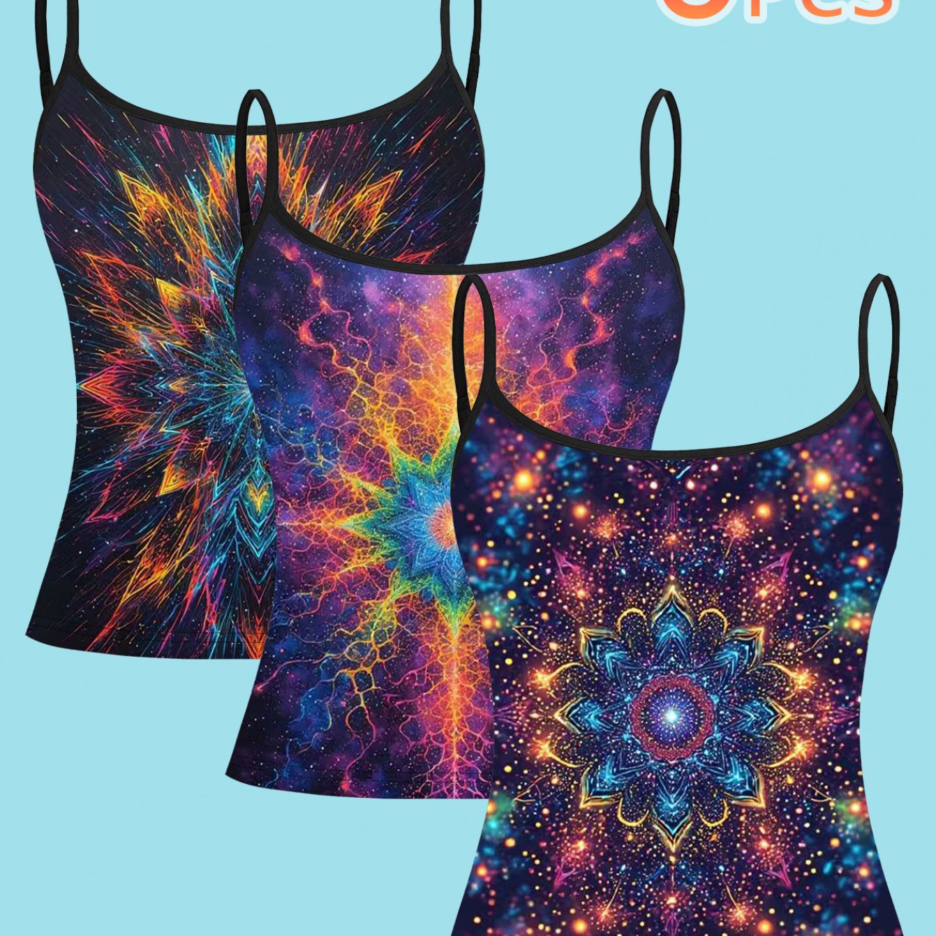 TEMU Ensemble 3 pièces de camisole mandala ciel étoilé pour femmes, imprimé univers brillant, vêtement moulant, chemise de base d'extérieur de style