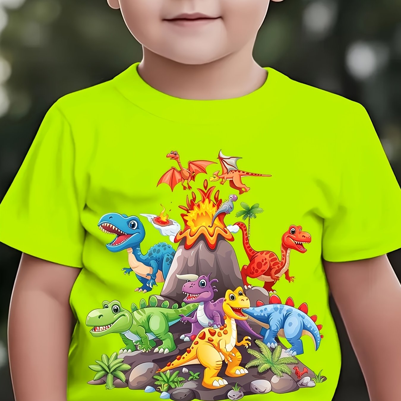 Boys' Summer Dinosaur Cartoon T-shirt - Vibrant Volcano & Jungle Scene, Short Sleeve Round Neck Casual Top, Lightweight Regular Fit For Outdoor Play, Dinosaur Clothes