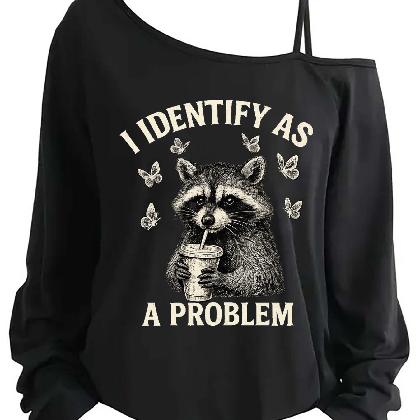 TEMU Plus Size - Plus Size - I To Trouble, Raccoon Ms. Plus Size, Asymmetrical Strappy One-shoulder Long Sleeve, Daily Casual Print T-shirt, Party