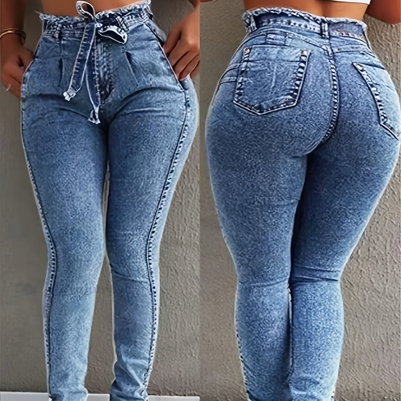 Women's Mid-rise Fashionable Casual Jeans | Blue Skinny Jeans With -lifting Stretch, Lace-up Detail, Suitable For , Perfect For Home, Office, And Outdoor Activities